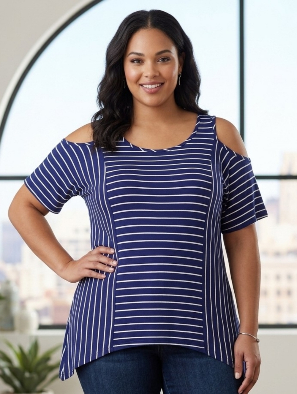 Signature Studio Plus Size Cold Shoulder Striped top Navy & White Size 1X